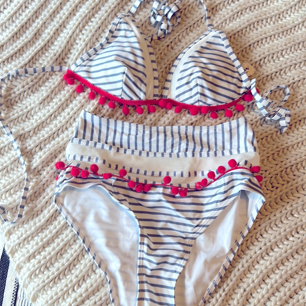 Blue and white strip with coral color detail bikini